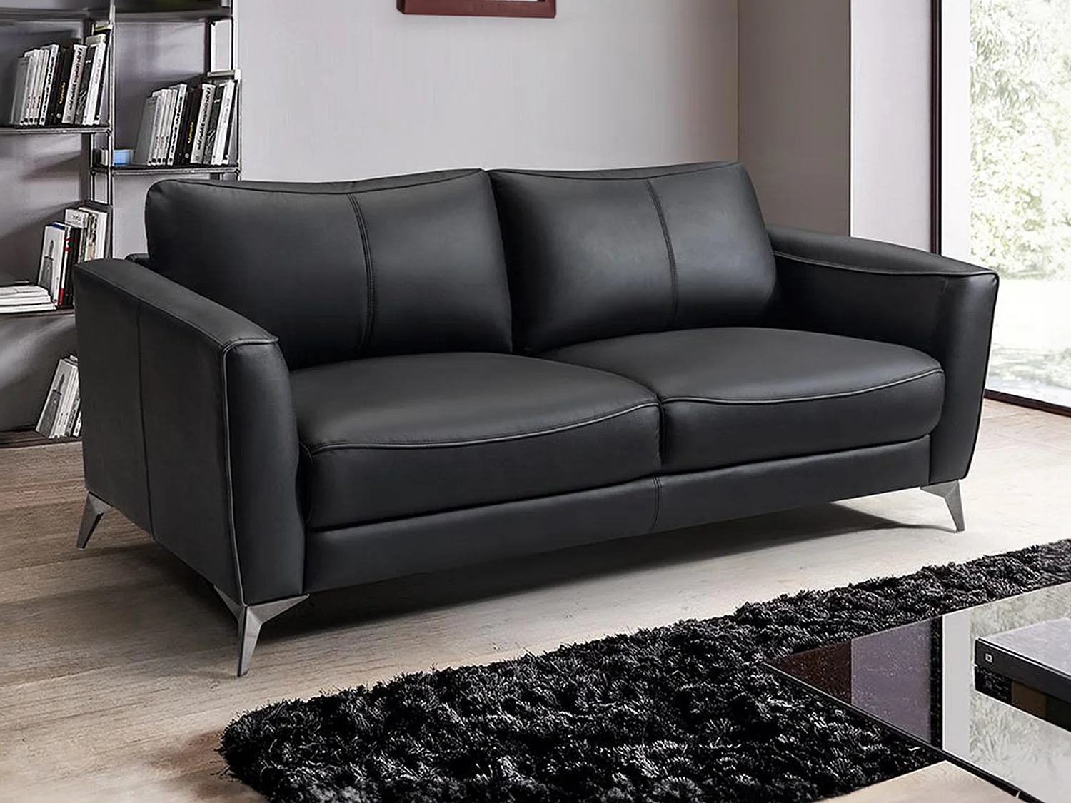 Ledersofa 3-Sitzer - Schwarz mit grauer Ziernaht - BATUCO