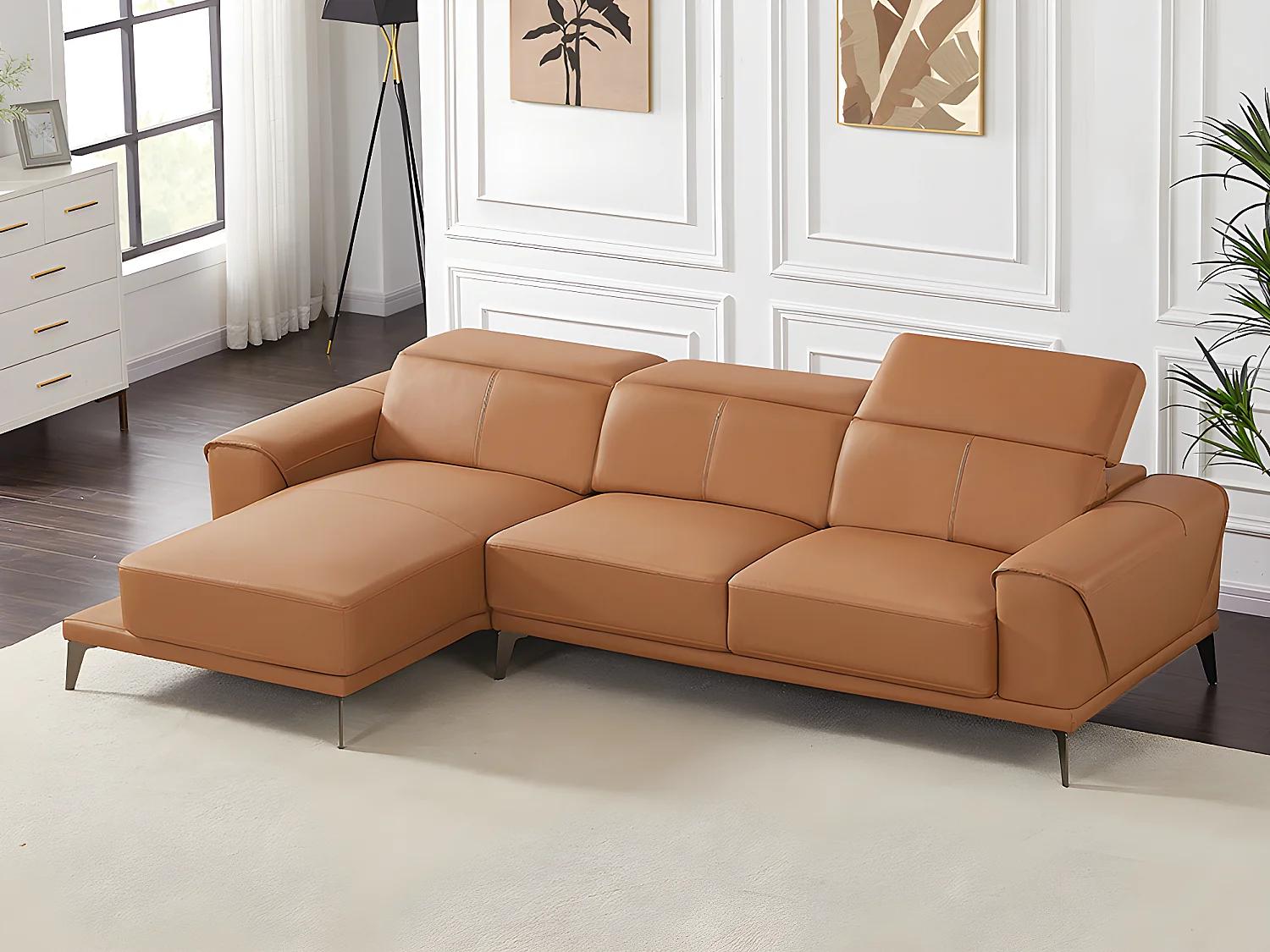 Canapé d'angle gauche en cuir de buffle camel ANDOR