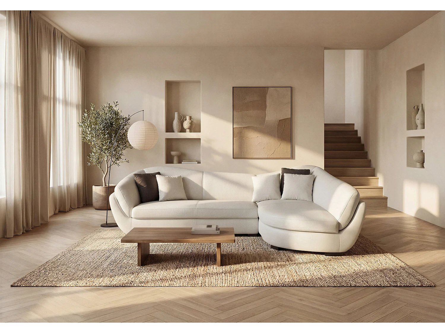 Sofá rinconera piel de búfalo de 5 plazas CAIPI - Marfil - Ángulo derecho de Pascal Morabito