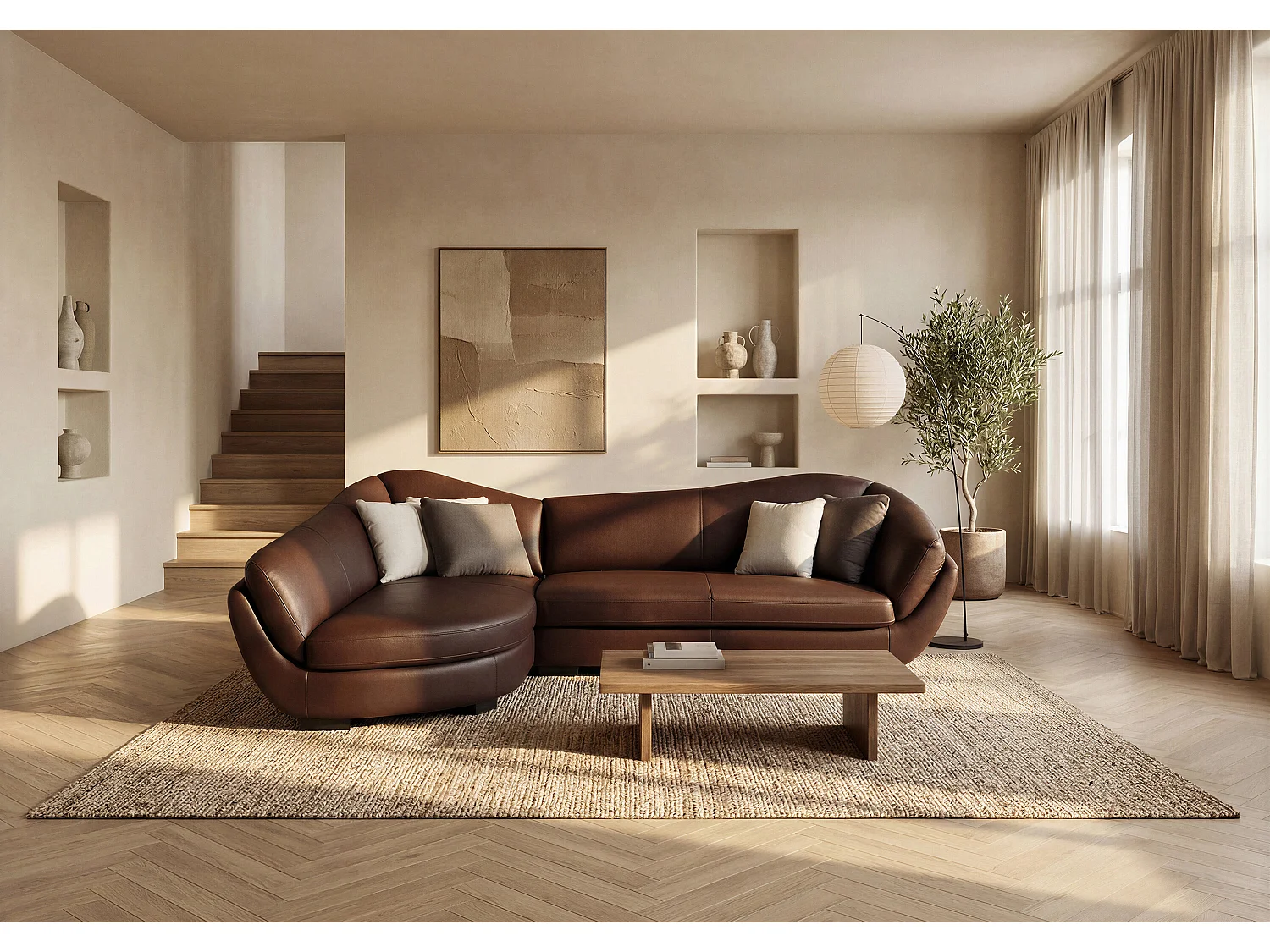 Canapé d'angle cuir de buffle 5 places CAIPI - Marron - Angle gauche