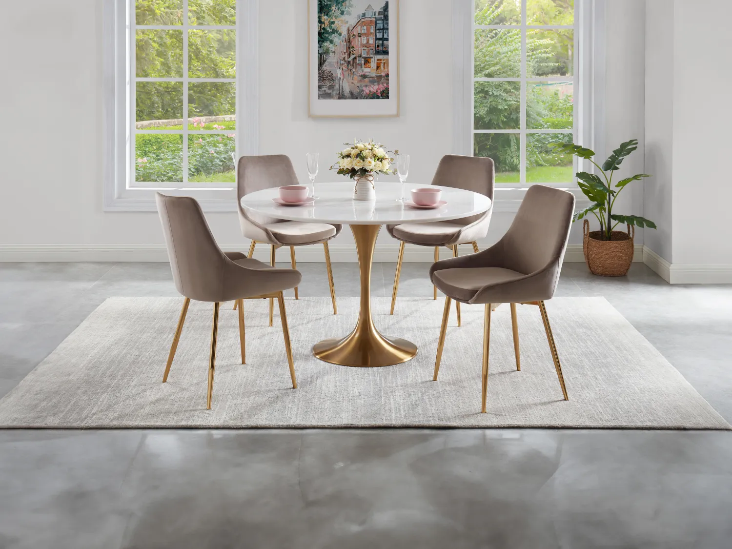 Mesa de comedor NORAH - 4 comensales - Mármol y metal - Blanco y dorado