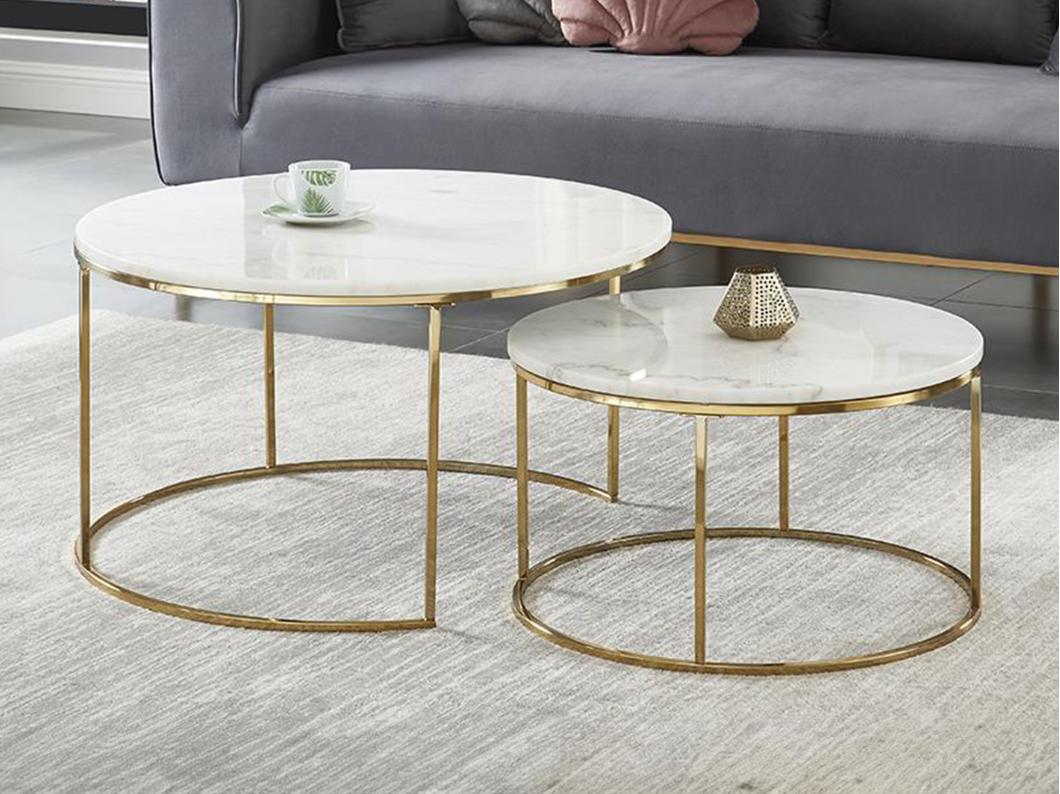Tables basses gigognes ANGELA - Marbre blanc et métal doré de Pascal MORABITO