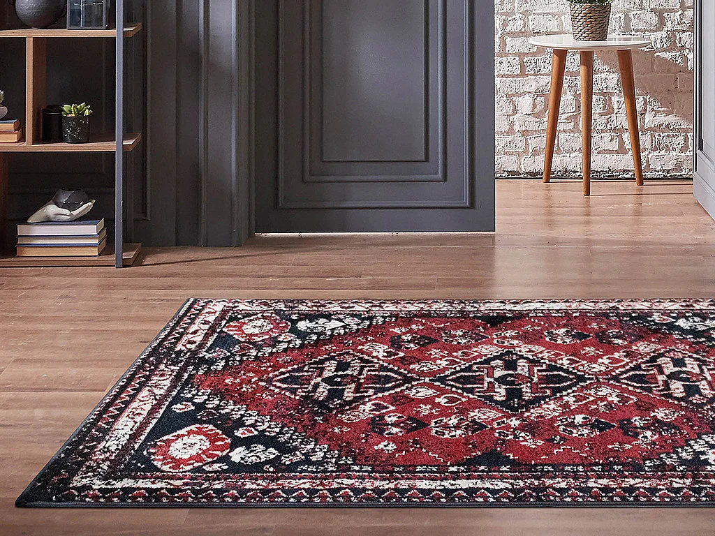 Tapis oriental vintage  - 200 x 290 cm - Rouge et noir - SYLHET
