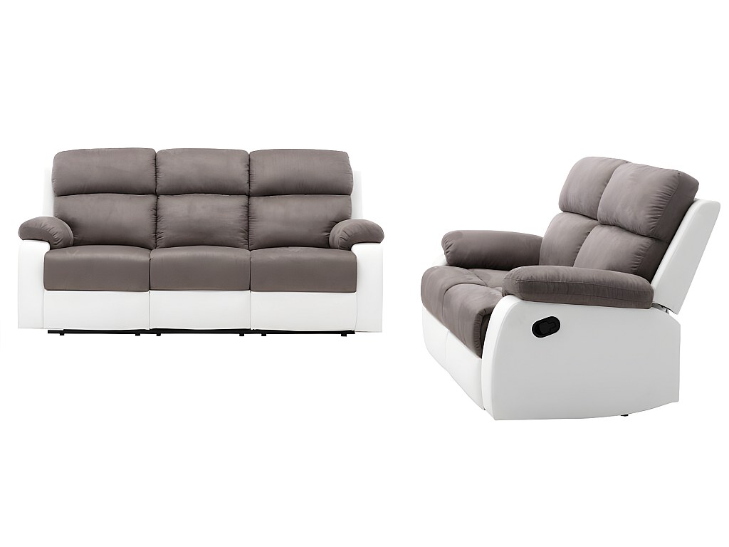 Sofás 3 y 2 plazas de relax gris y blanco de piel sintética y