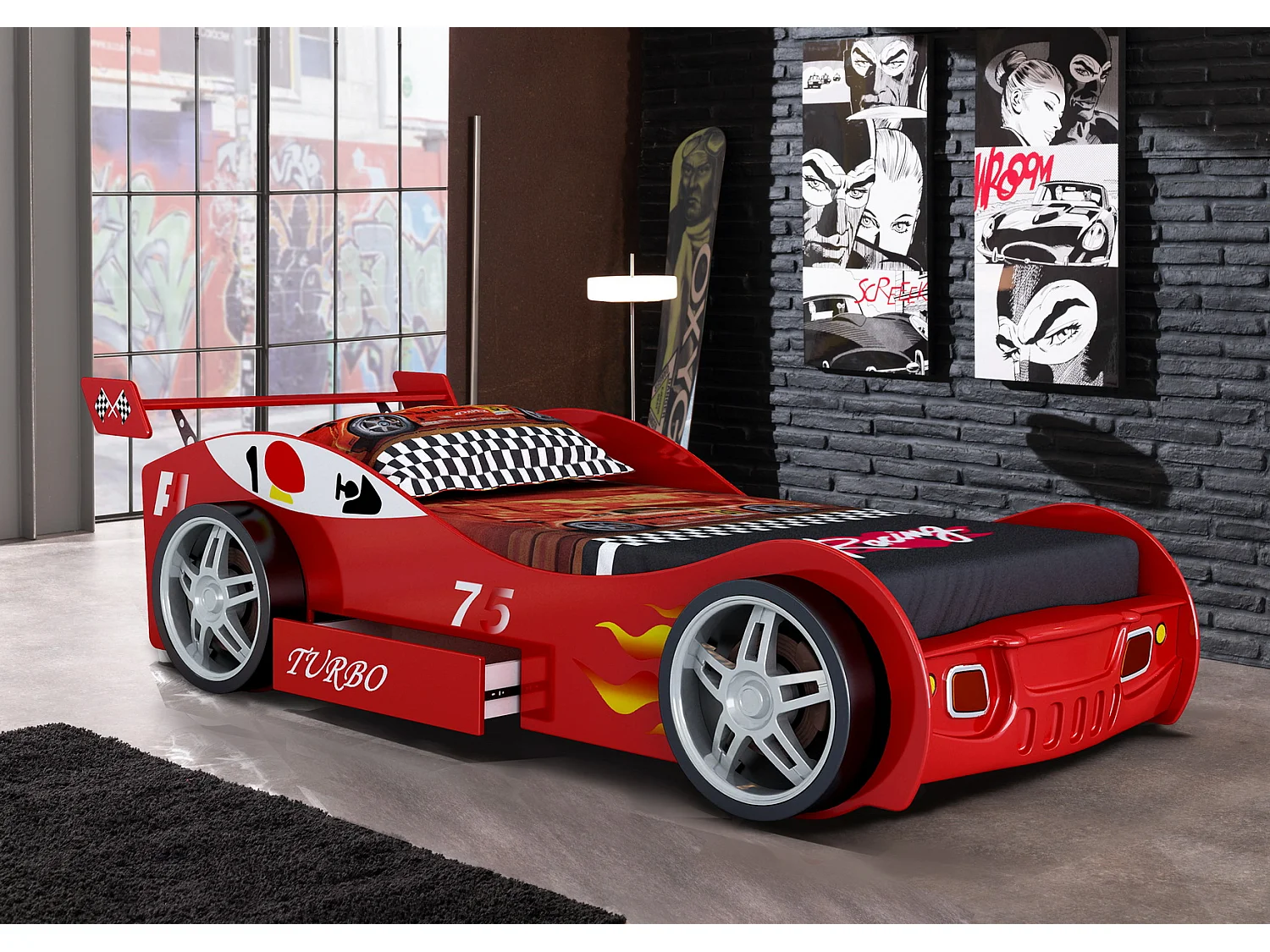 Autobed RUNNER met lade - 90 x 200 cm - Rood - Met matras