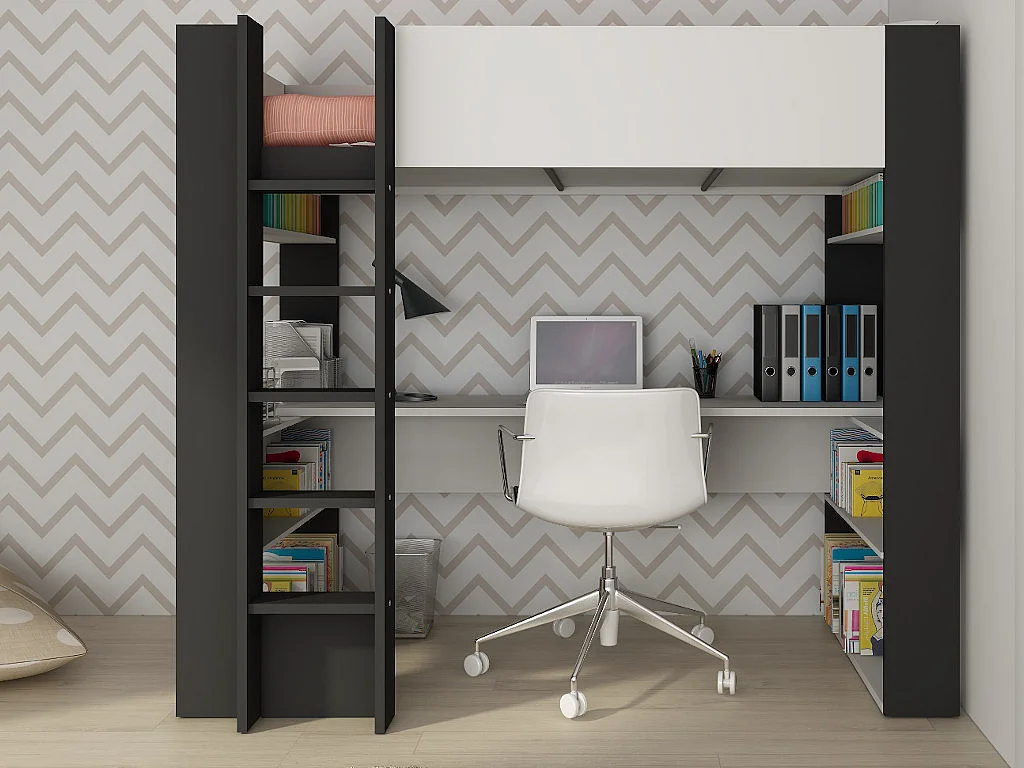 Lit mezzanine NOAH avec bureau et rangements intégrés - 90 x 200 cm - coloris : blanc et anthracite + matelas DANAE