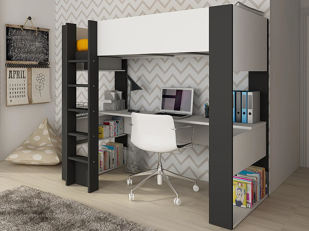 Lit mezzanine NOAH avec bureau et rangements intégrés - 90 x 200 cm - coloris : blanc et anthracite + matelas DANAE