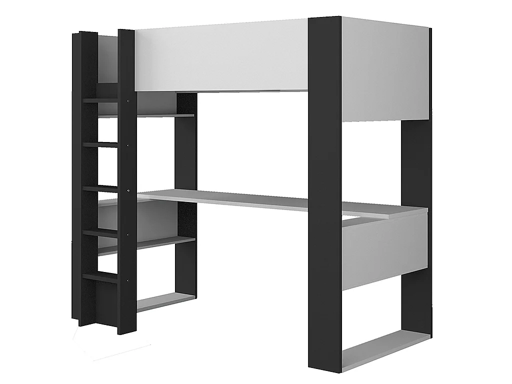 Lit mezzanine NOAH avec bureau et rangements intégrés - 90 x 200 cm - coloris : blanc et anthracite + matelas DANAE