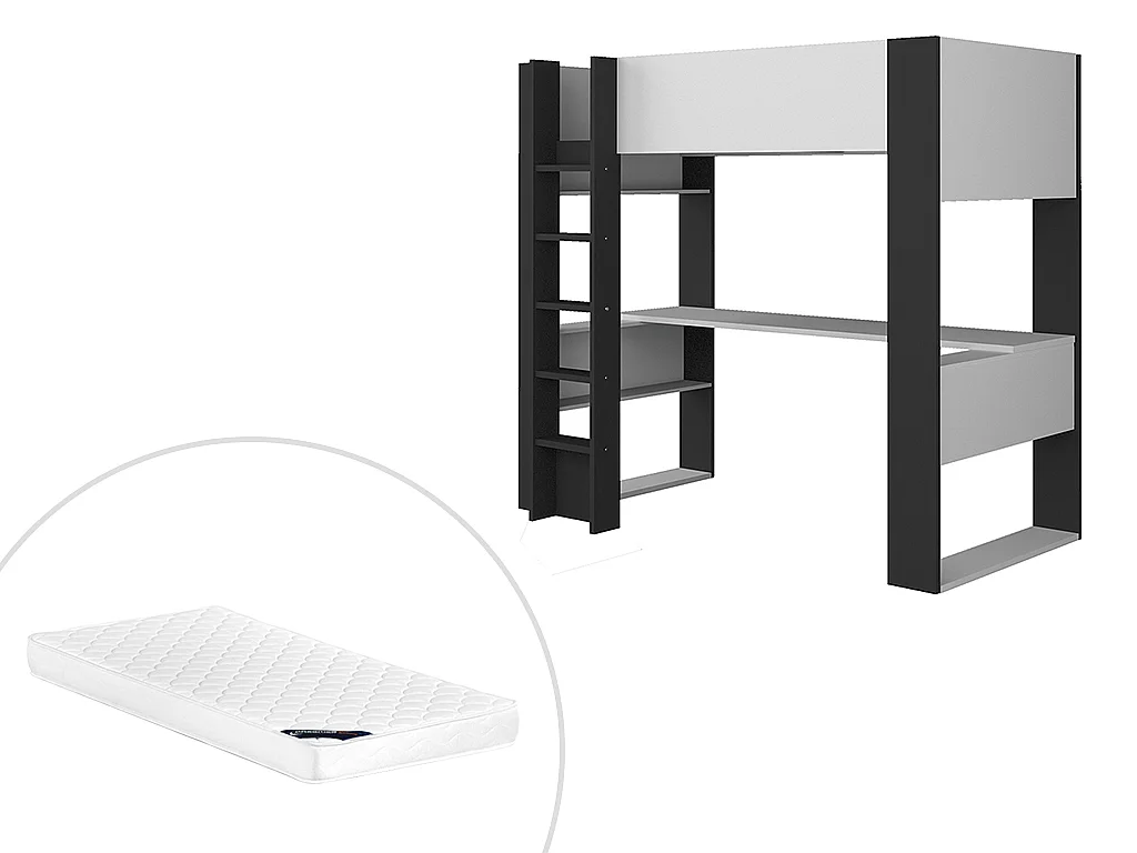 Lit mezzanine NOAH avec bureau et rangements intégrés - 90 x 200 cm - coloris : blanc et anthracite + matelas DANAE