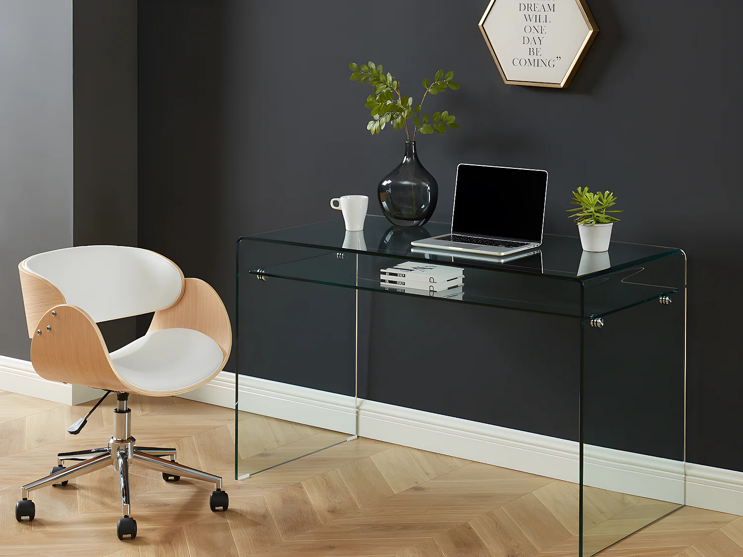 Chaise de bureau - Simili et métal chromé - Chêne et Blanc - Hauteur ajustable - JELSA