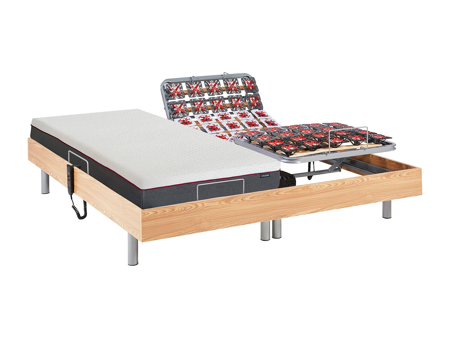 Lit électrique de relaxation tout plots + matelas mémoire de forme - 2 x 80 x 200 cm - Chêne - ATRIDE de YSMÉE