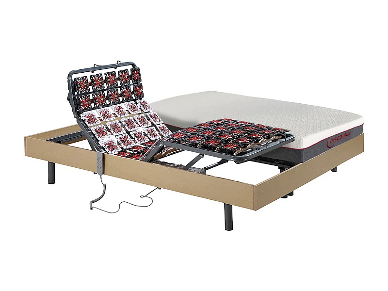 Lit électrique de relaxation tout plots + matelas mémoire de forme - 2 x 90 x 200 cm - Chêne - ATRIDE de DREAMEA