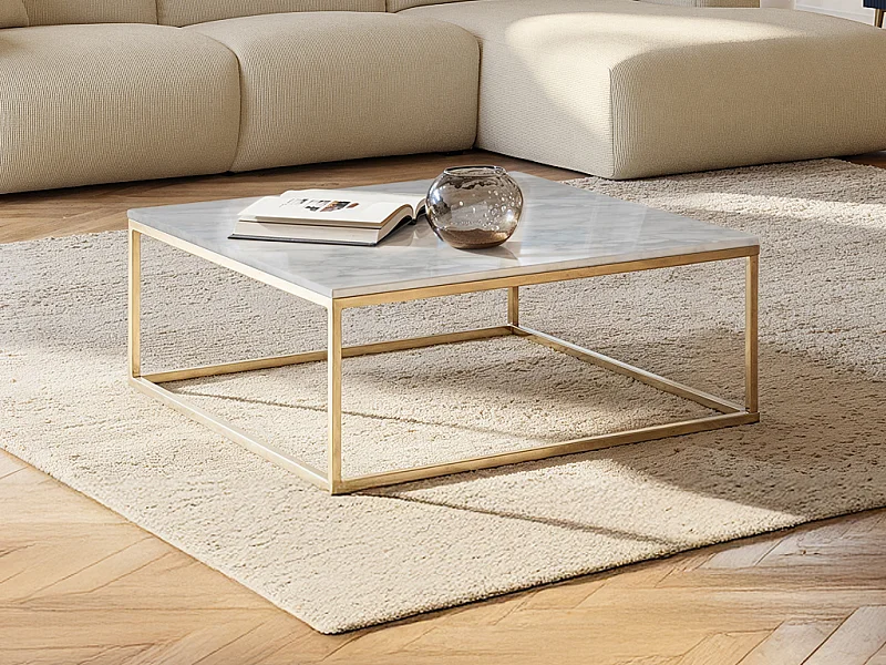 Table basse design ARETHA de Pascal MORABITO - Marbre et Métal - Blanc et Doré