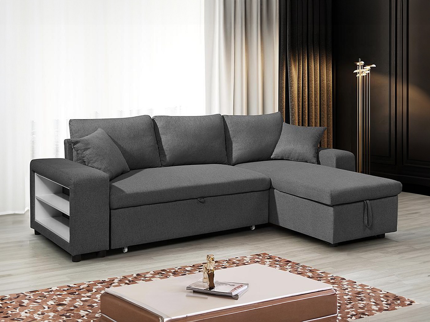 Canapé D'angle Convertible Avec Box De Rangement Et Pouf - Tissu Gris