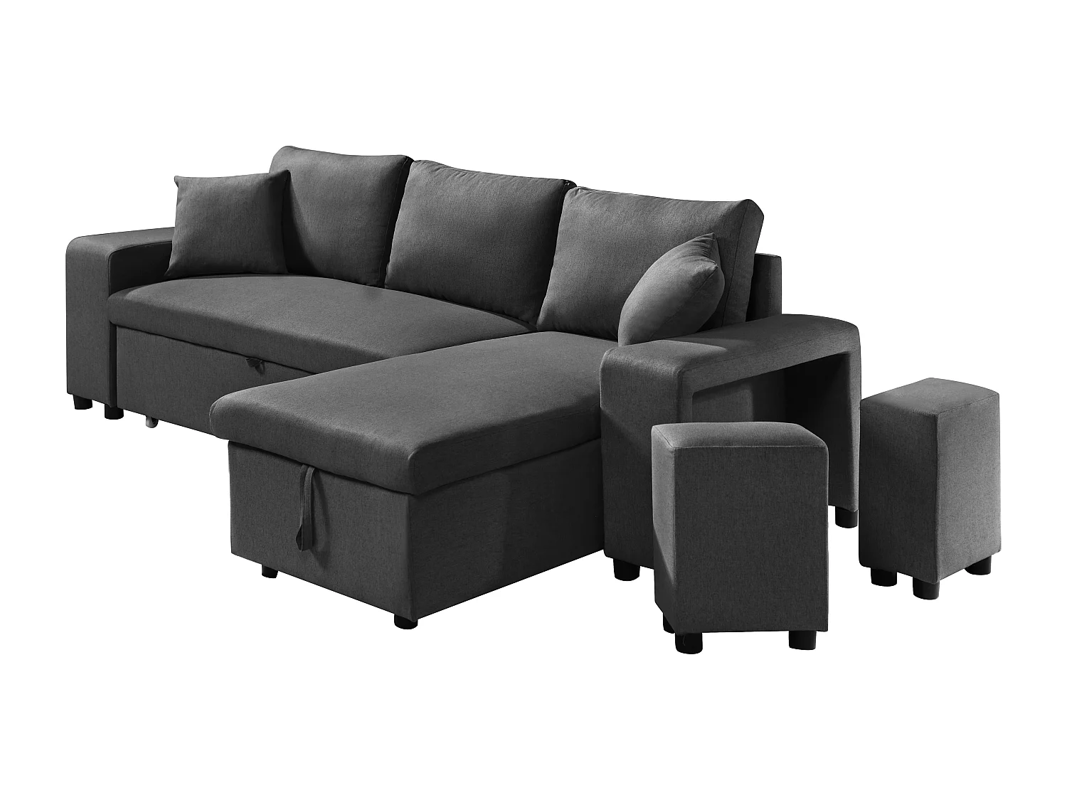 Canapé d'angle convertible et réversible avec rangements et poufs en tissu anthracite SELIM