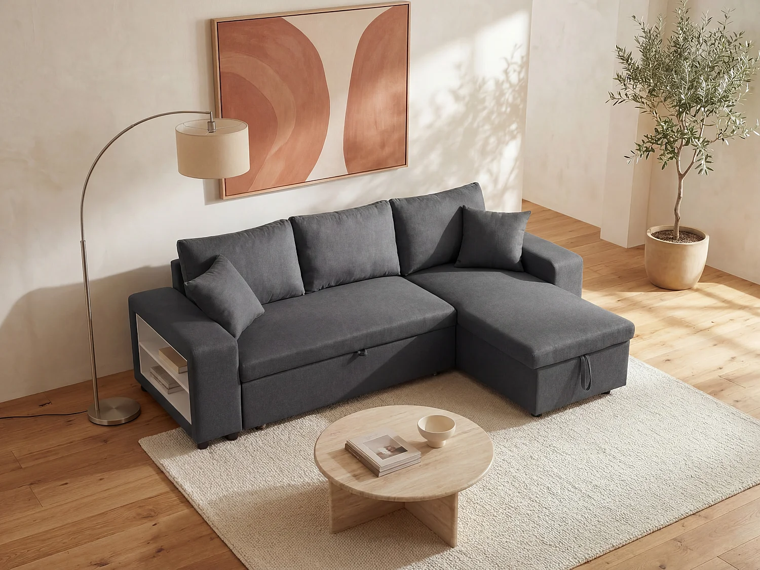 Canapé d'angle convertible et réversible avec rangements et poufs en tissu anthracite SELIM