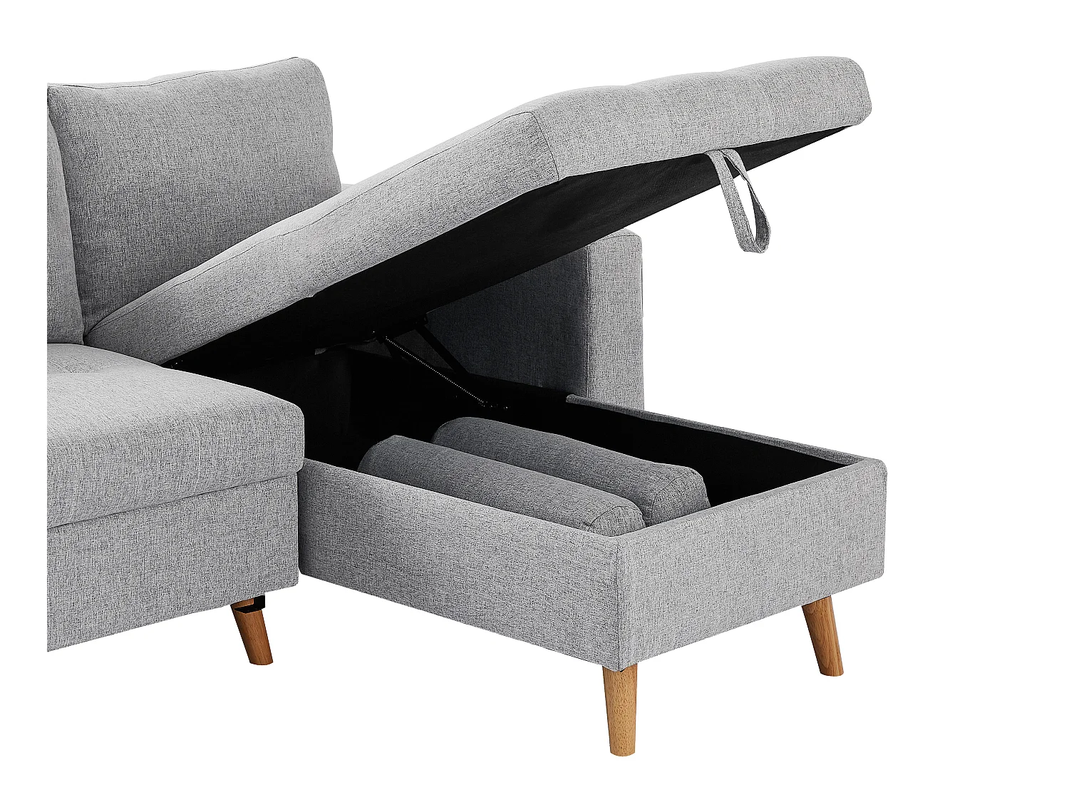 Canapé d'angle convertible et réversible en tissu gris clair avec coffre de rangement KORI