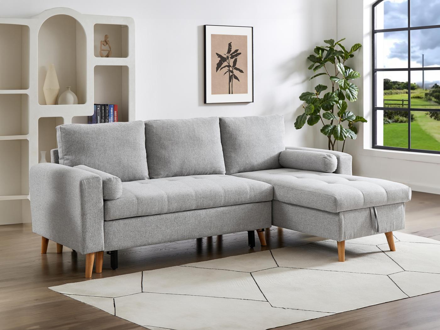 Ecksofa mit Schlaffunktion & Bettkasten + Sessel Stoff Hellgrau