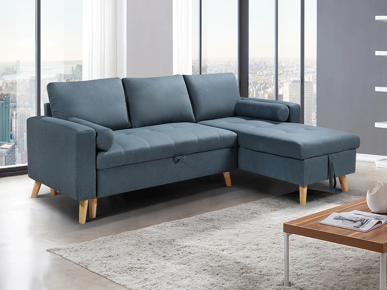 Canapé d'angle convertible et réversible en tissu bleu canard avec coffre de rangement KORI