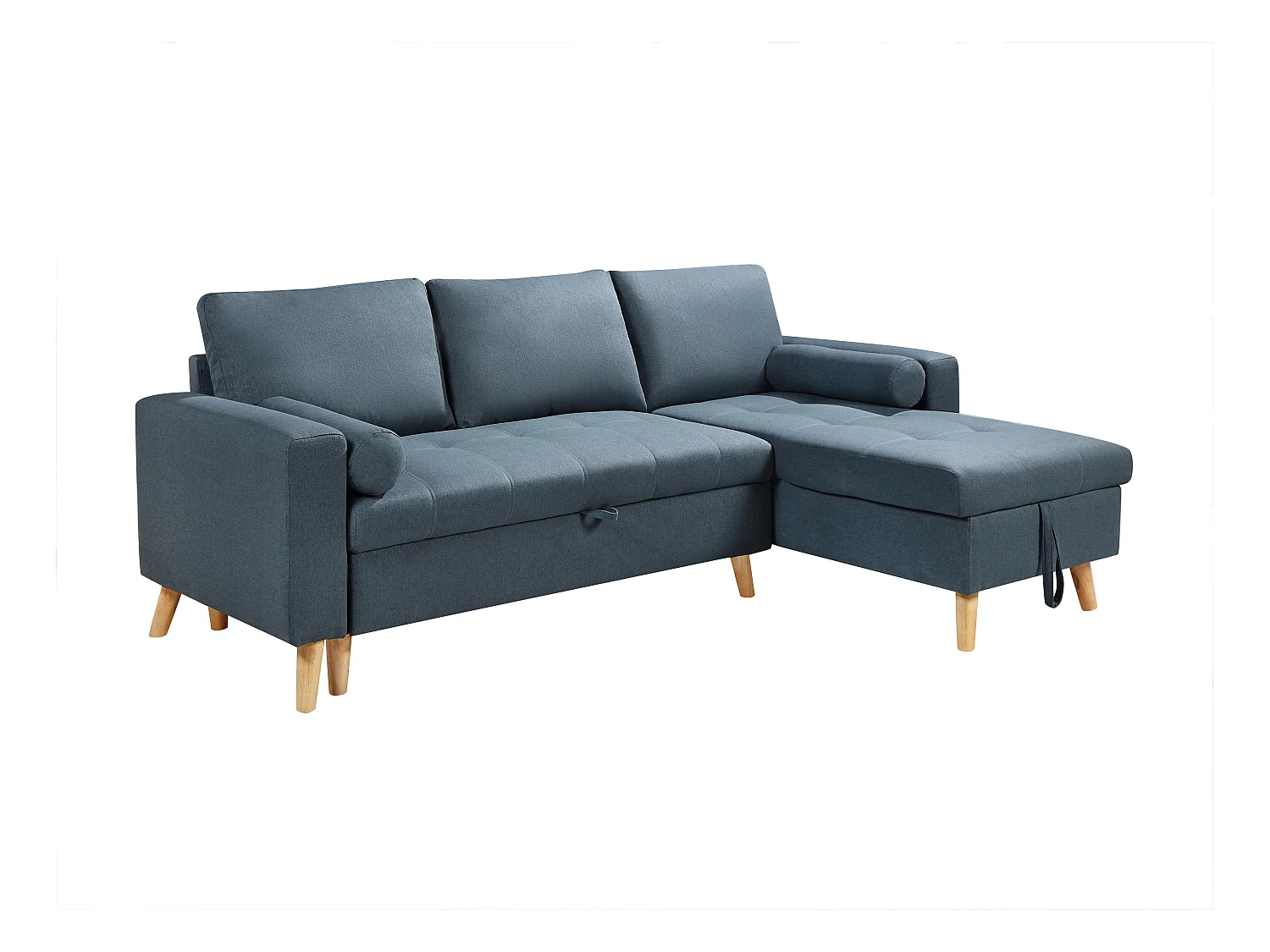 Canapé d'angle convertible et réversible en tissu bleu canard avec coffre de rangement KORI