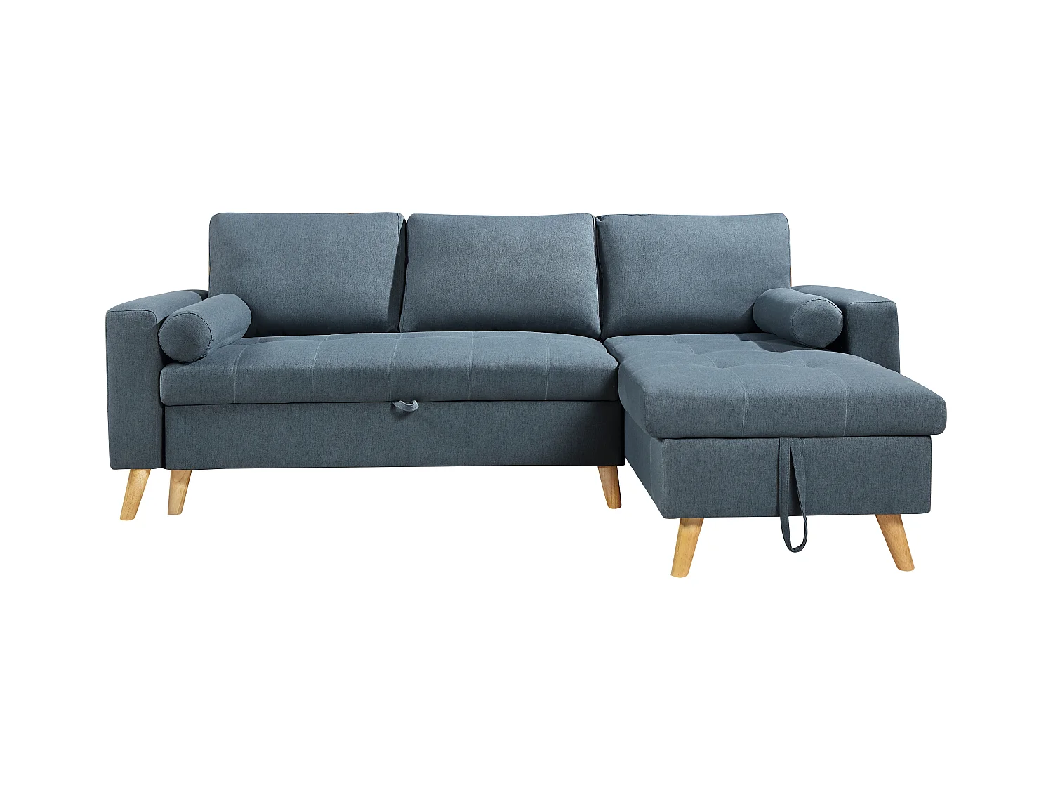 Canapé d'angle convertible et réversible en tissu bleu canard avec coffre de rangement KORI