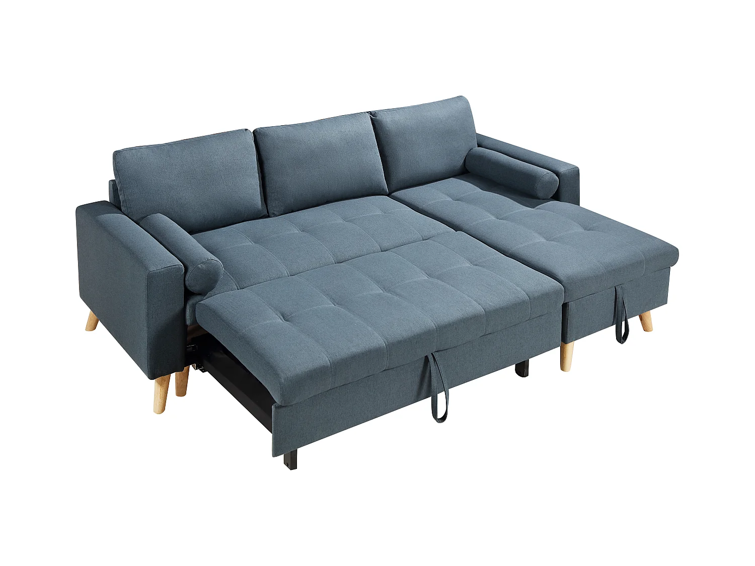 Canapé d'angle convertible et réversible en tissu bleu canard avec coffre de rangement KORI