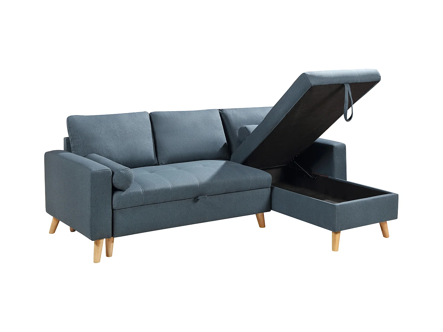 Canapé d'angle convertible et réversible en tissu bleu canard avec coffre de rangement KORI