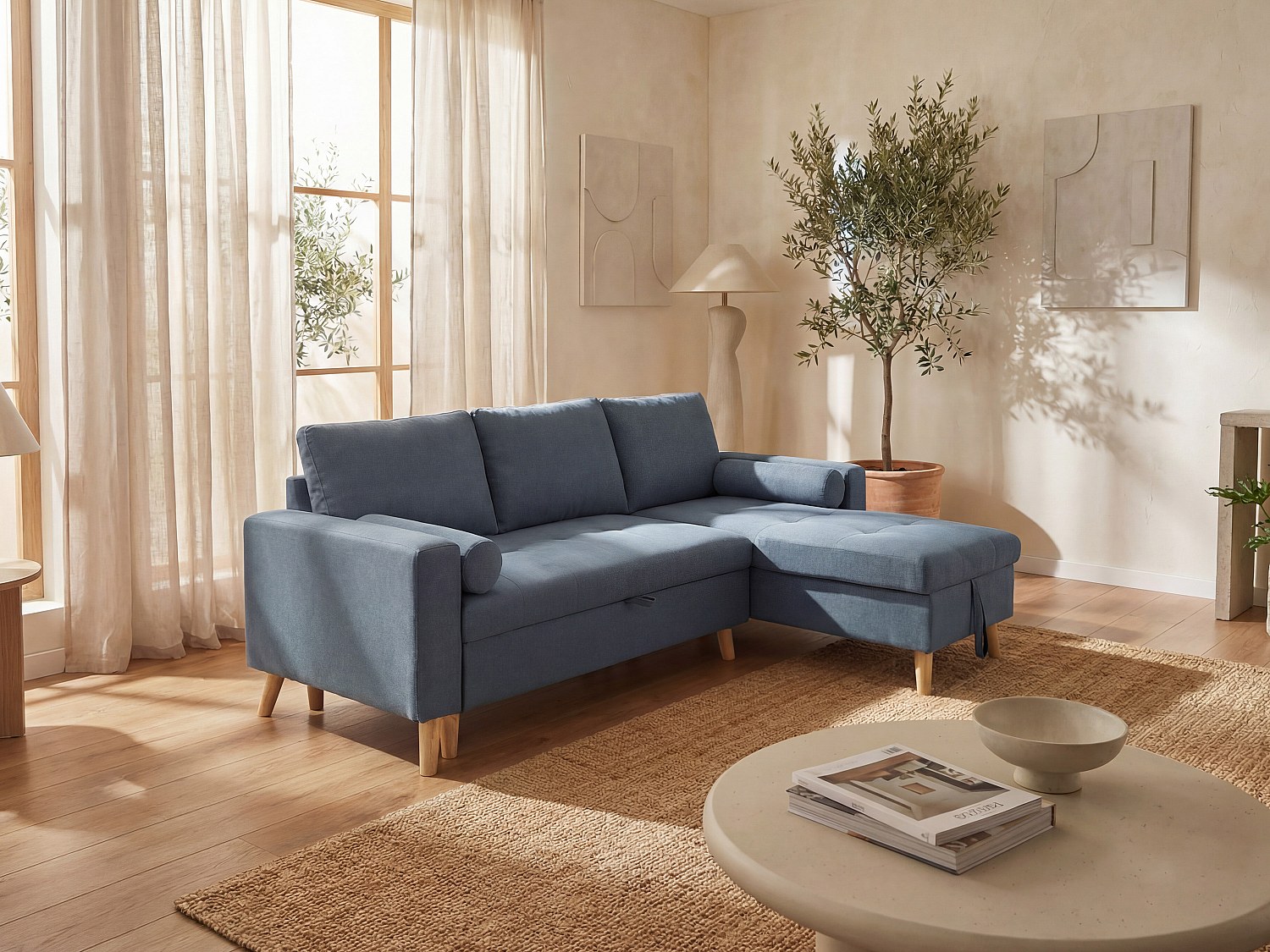 Ecksofa mit Schlaffunktion & Bettkasten – Stoff – Türkisblau – KORI günstig online kaufen