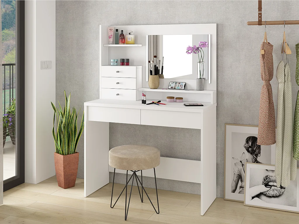 Coiffeuse GIULIANA - Miroir à LEDs et rangements - Blanc