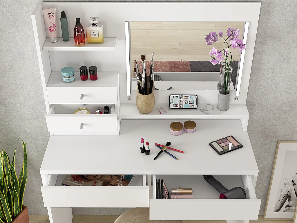Coiffeuse GIULIANA - Miroir à LEDs et rangements - Blanc