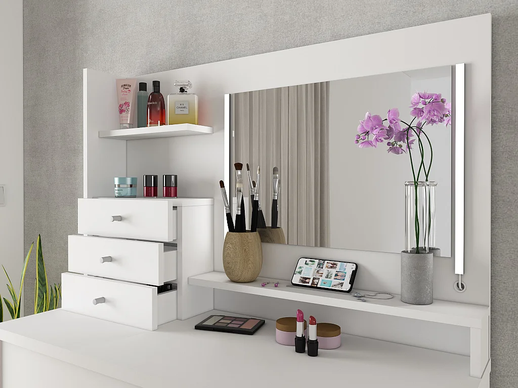 Coiffeuse GIULIANA - Miroir à LEDs et rangements - Blanc