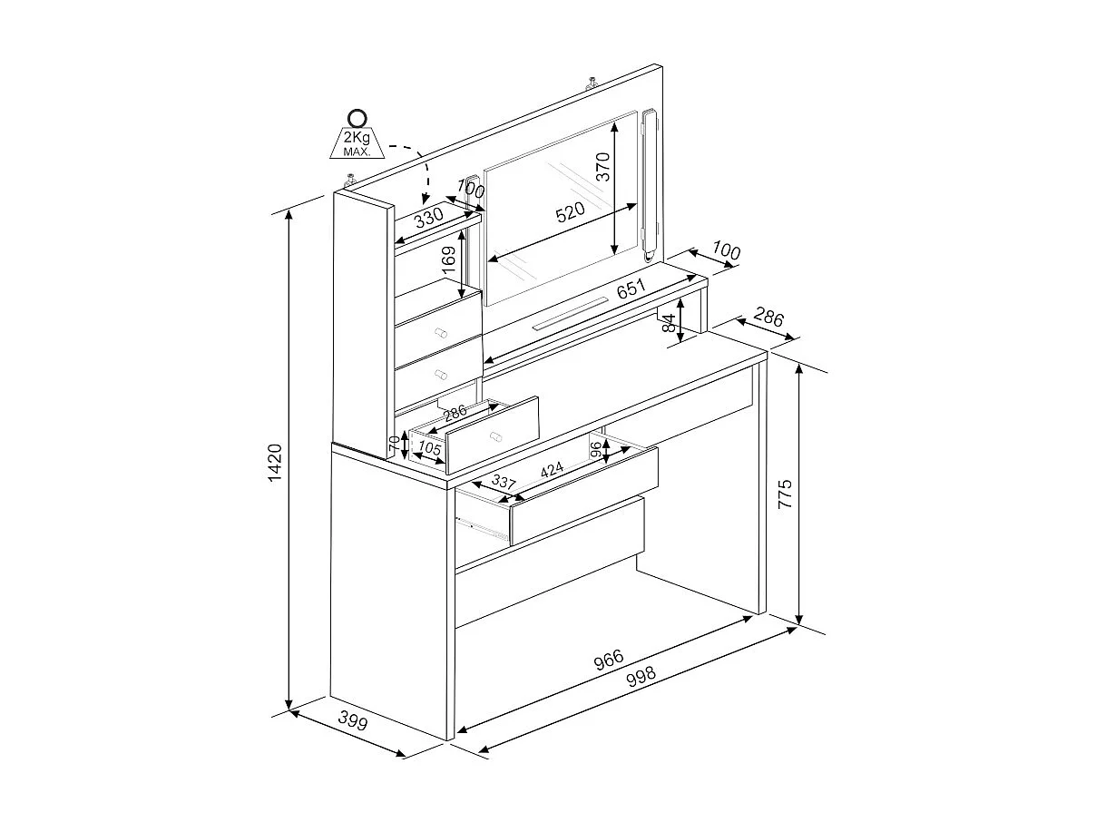 Coiffeuse GIULIANA - Miroir à LEDs et rangements - Blanc