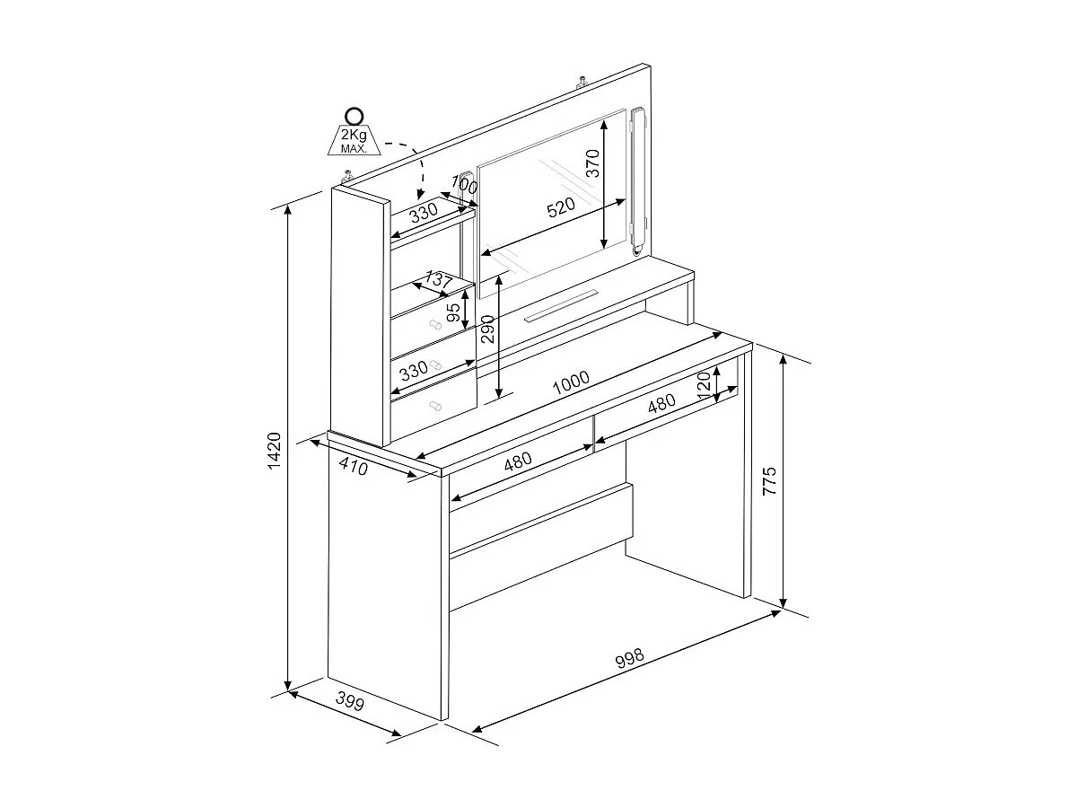 Coiffeuse GIULIANA - Miroir à LEDs et rangements - Blanc
