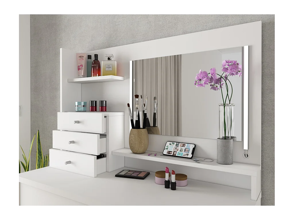 Toaletka GIULIANA - Lustro z diodami LED i schowki - Kolor biały