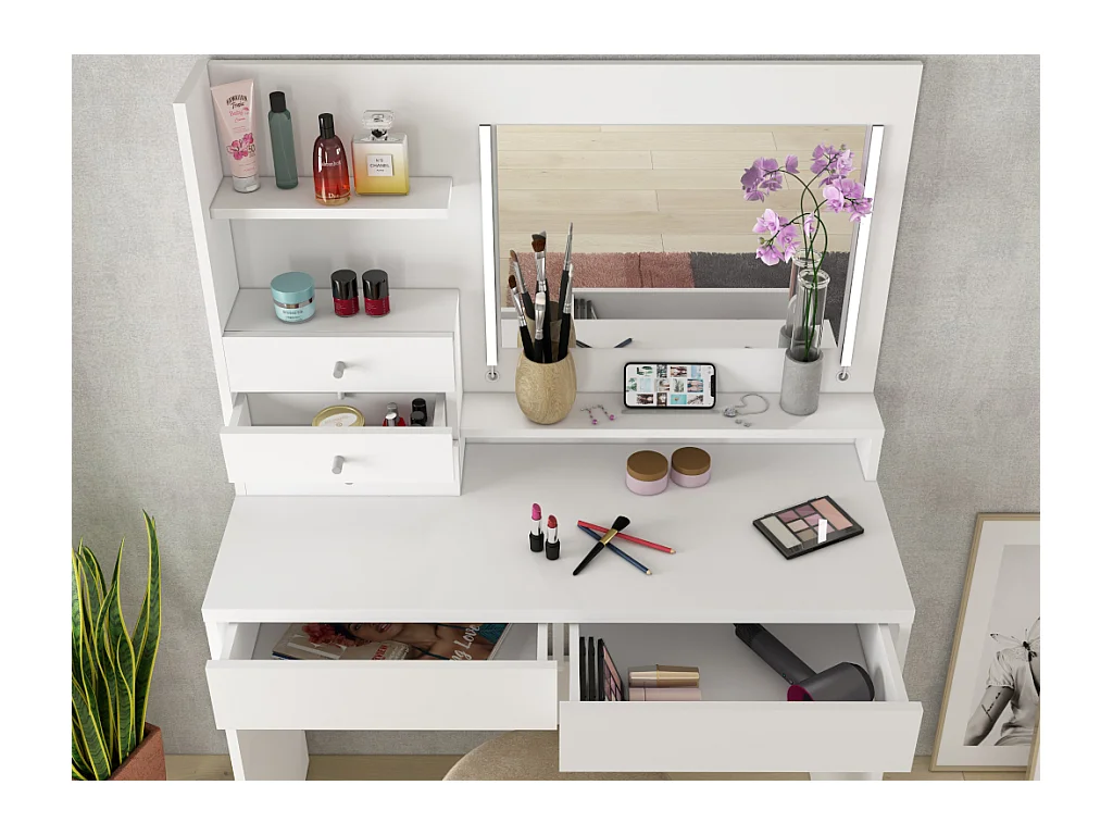 Toaletka GIULIANA - Lustro z diodami LED i schowki - Kolor biały