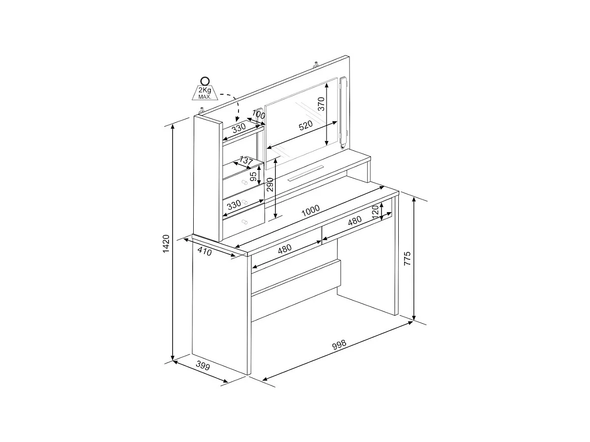 Toaletka GIULIANA - Lustro z diodami LED i schowki - Kolor biały