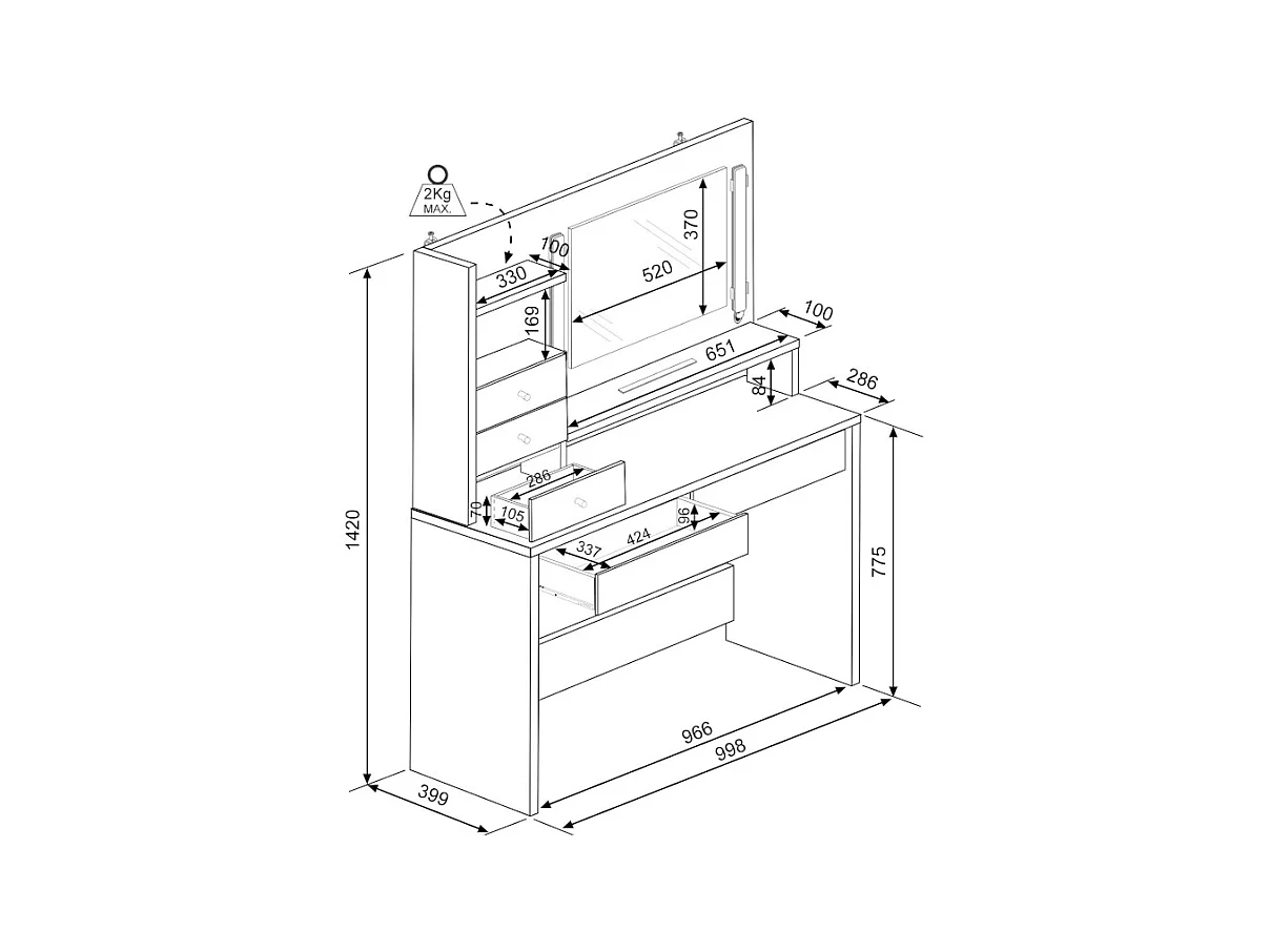 Toaletka GIULIANA - Lustro z diodami LED i schowki - Kolor biały