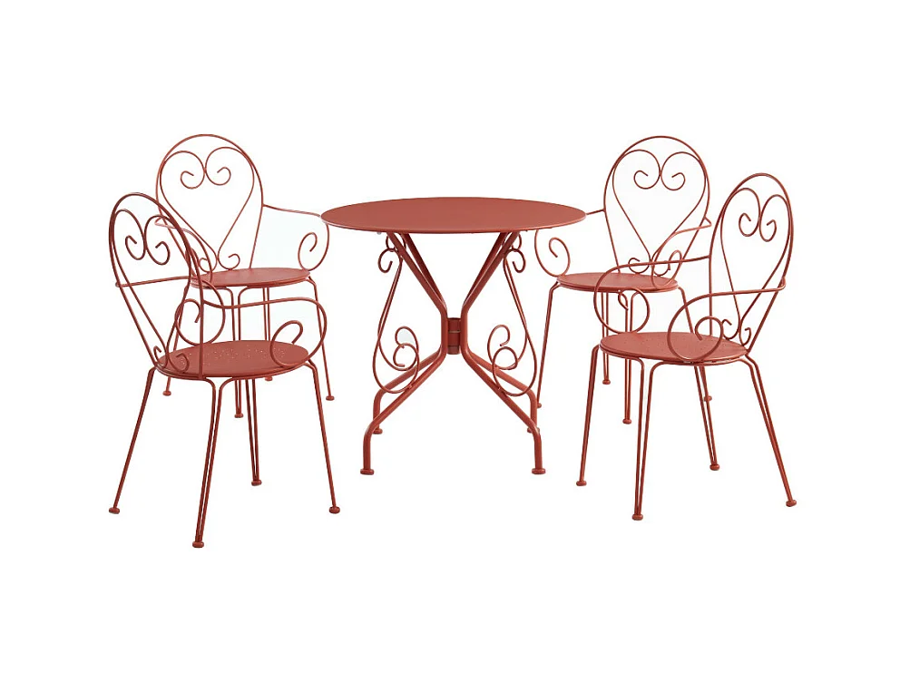 Salle à manger de jardin  en métal façon fer forgé: une table et 4 fauteuils empilables - Terracotta - GUERMANTES de MYLIA