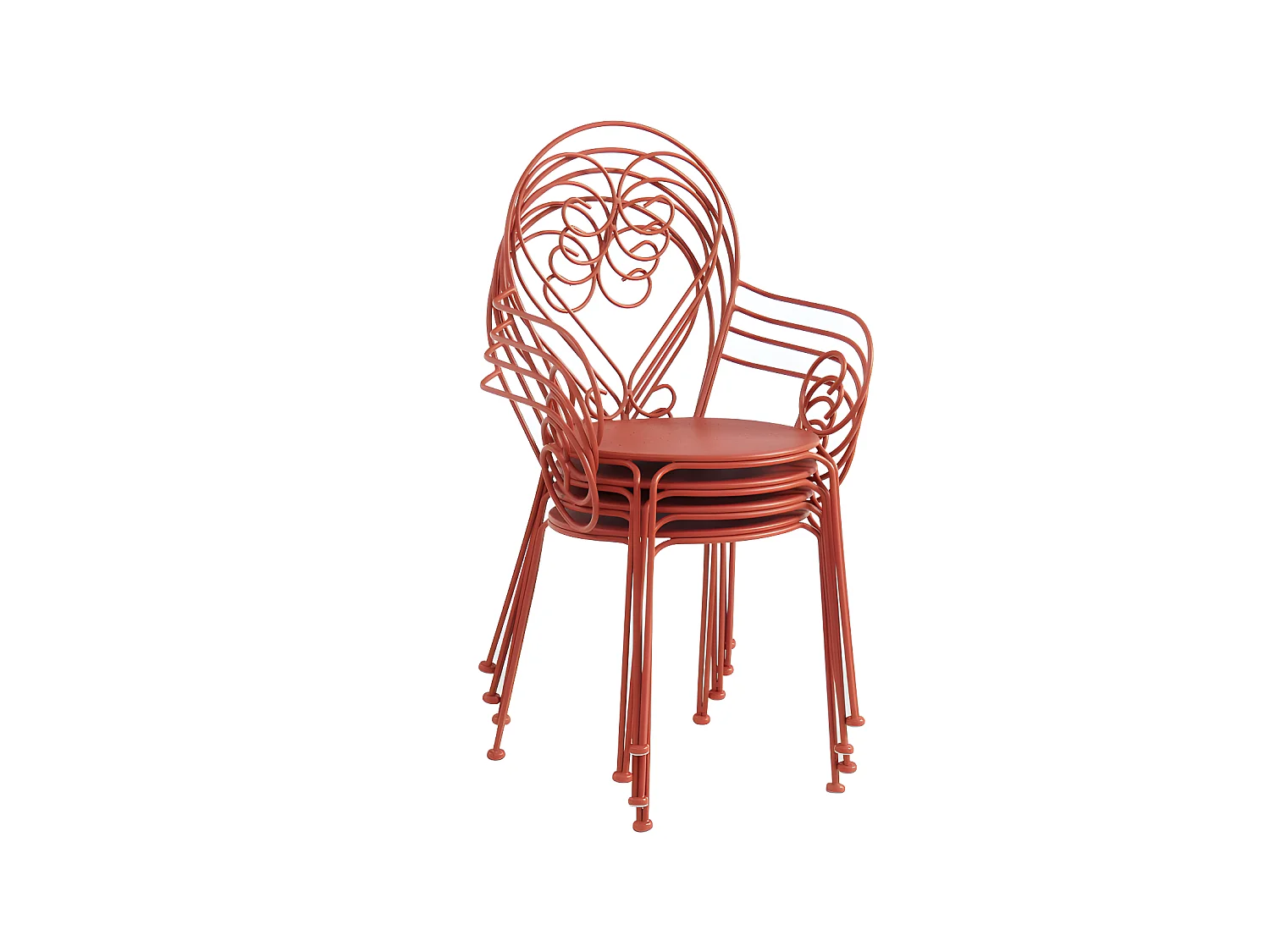 Salle à manger de jardin  en métal façon fer forgé: une table et 4 fauteuils empilables - Terracotta - GUERMANTES de MYLIA