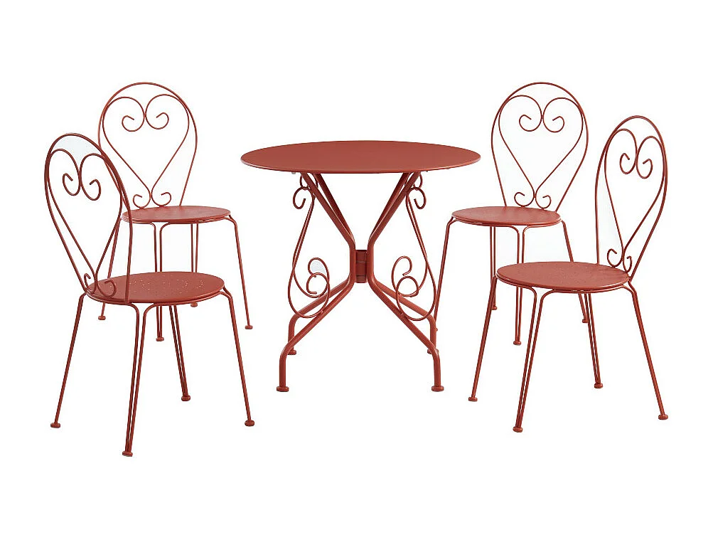 Mesa y sillas de jardín de metal tipo hierro forjado : una mesa y 4 sillas apilables terracota - GUERMANTES