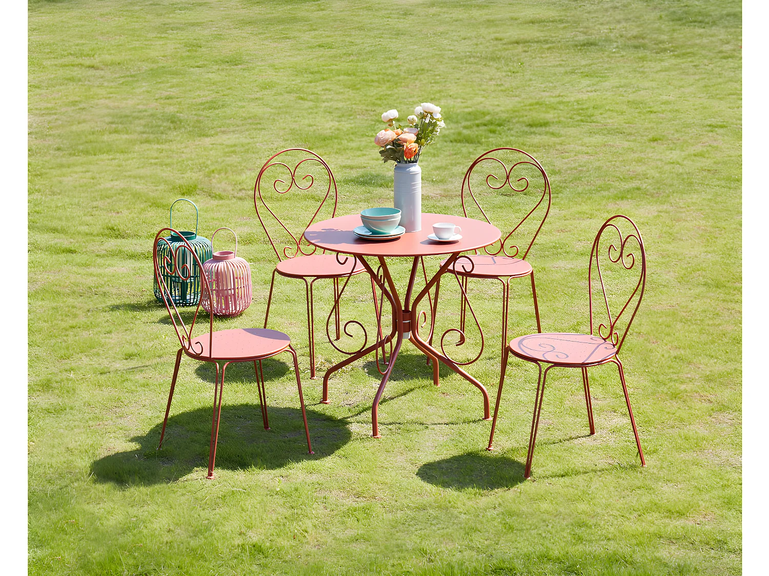 Metalen tuineetset met smeedijzer aspect : een tafel en 4 stoelen - terracotta - GUERMANTES