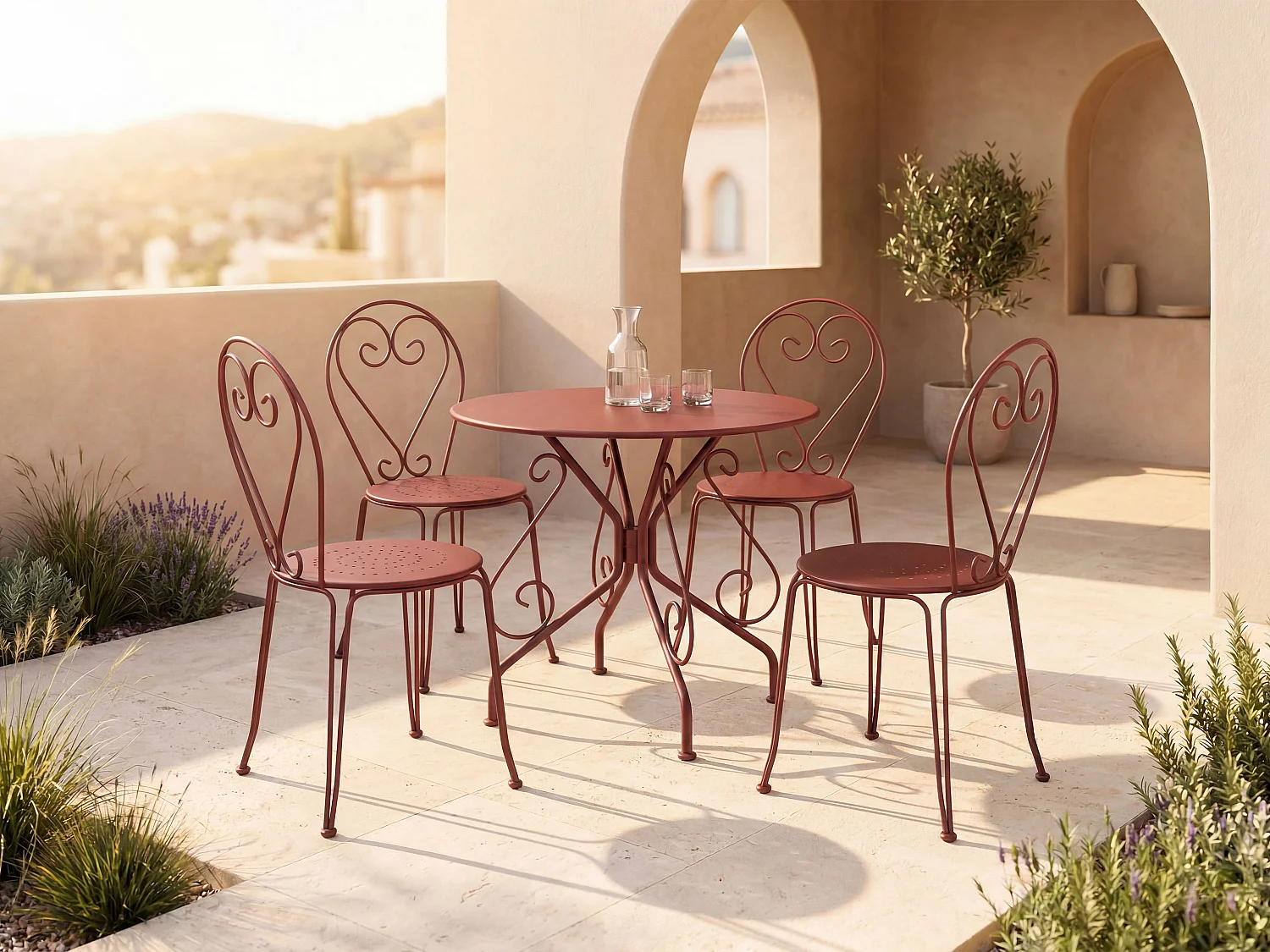 Salle à manger de jardin en métal façon fer forgé : une table et 4 chaises empilables - Terracotta - GUERMANTES de MYLIA