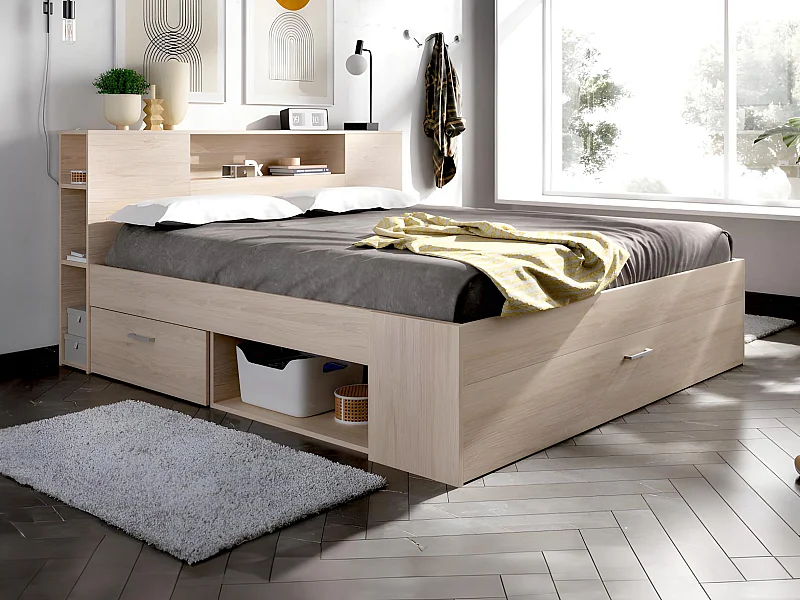Cama con cabecero con compartimentos y cajones - 140 x 190 cm - Color: natural - LEANDRE