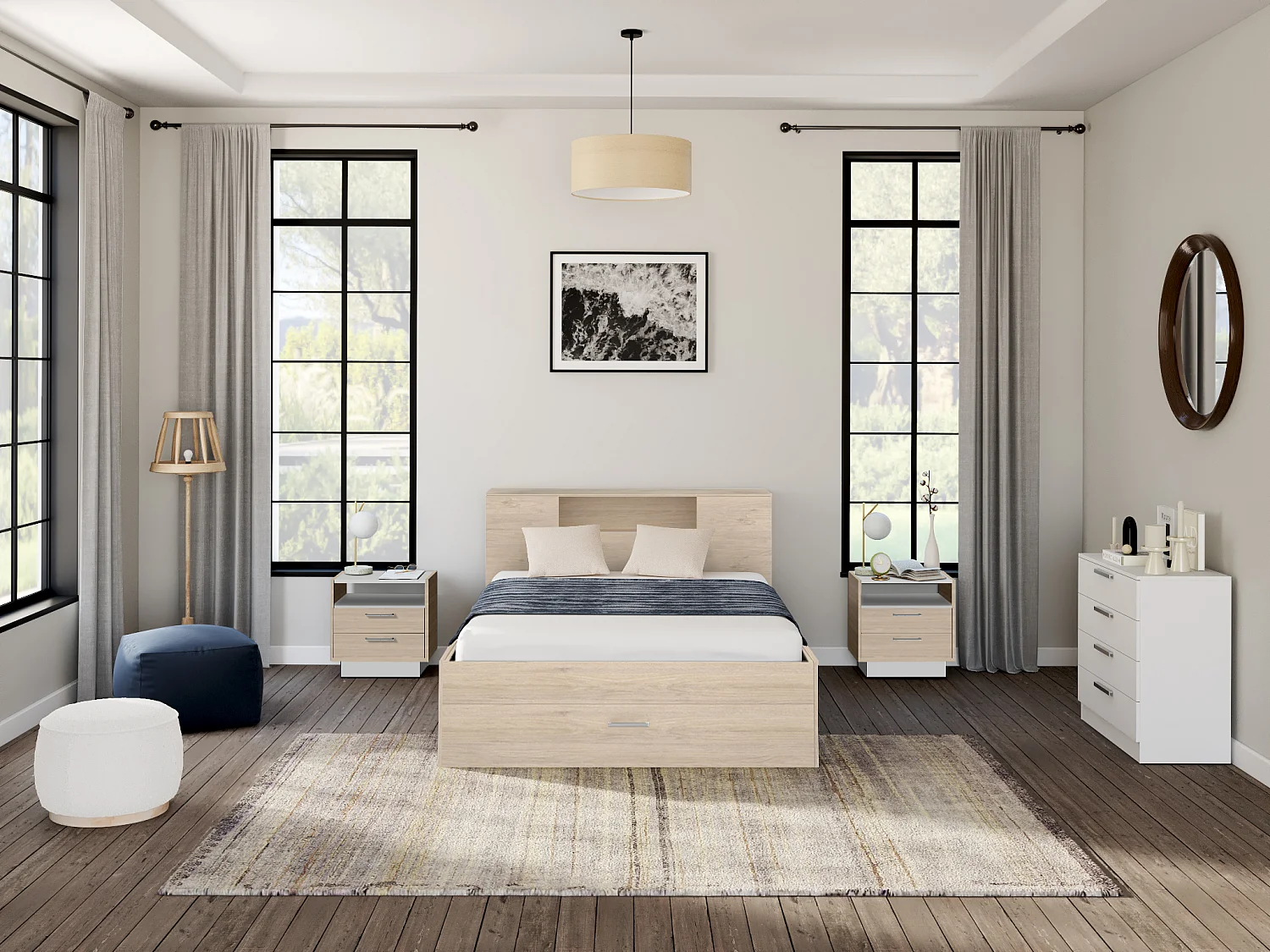 Bed LEANDRE met hoofdeinde, opbergruimte en lades - 140 x 190 cm - Kleur: eiken