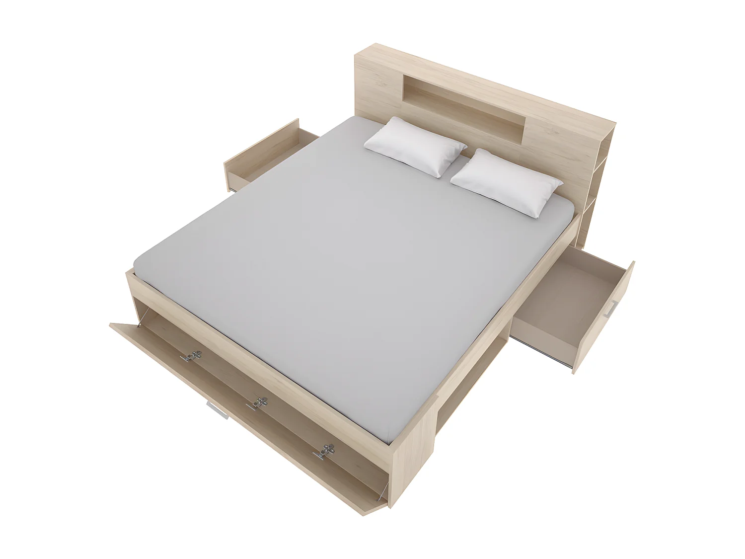 Cama com cabeceira de arrumação e gavetas de 140 x 190 cm  em cor natural - LEANDRE