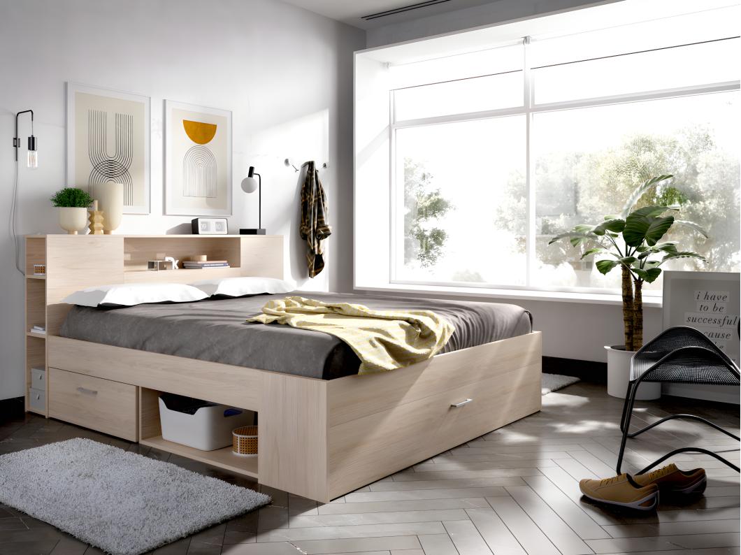 Lit avec tête de lit rangements et tiroirs - 140 x 190 cm - Coloris : Naturel - LEANDRE