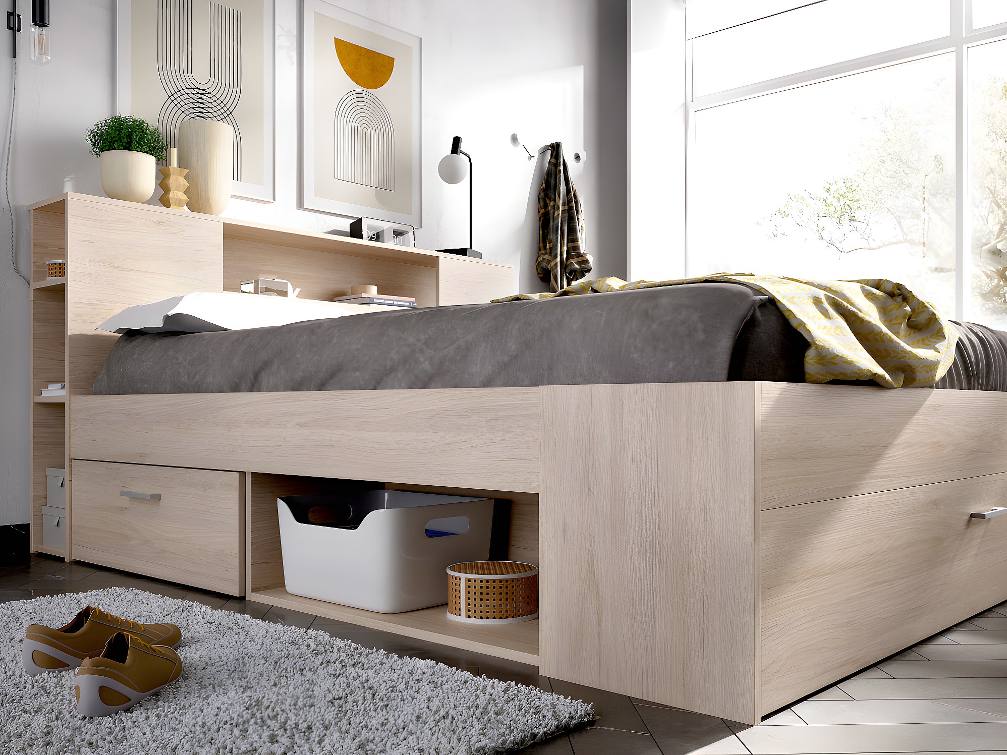 Vente-unique Letto PABLO Con Contenitore 140x190 Cm – 2 Cassetti + Nicchia, Bianco O Rovere, Con Rete