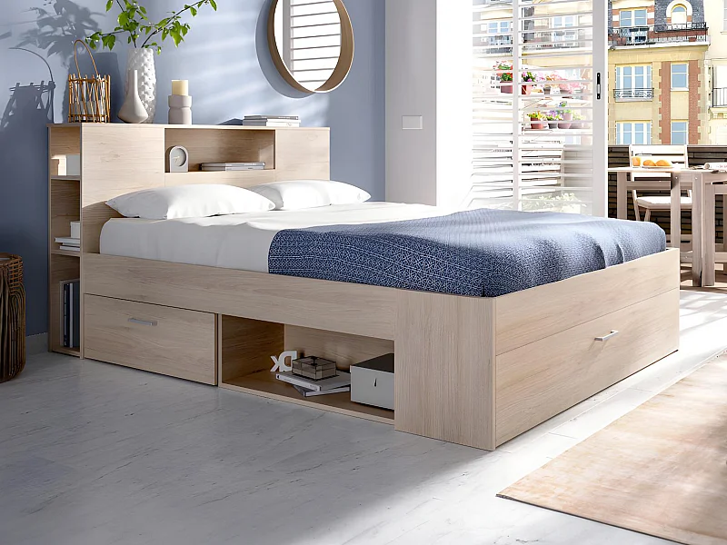 Cama con cabecero con compartimentos y cajones - 160x200 cm - Color: natural - LEANDRE
