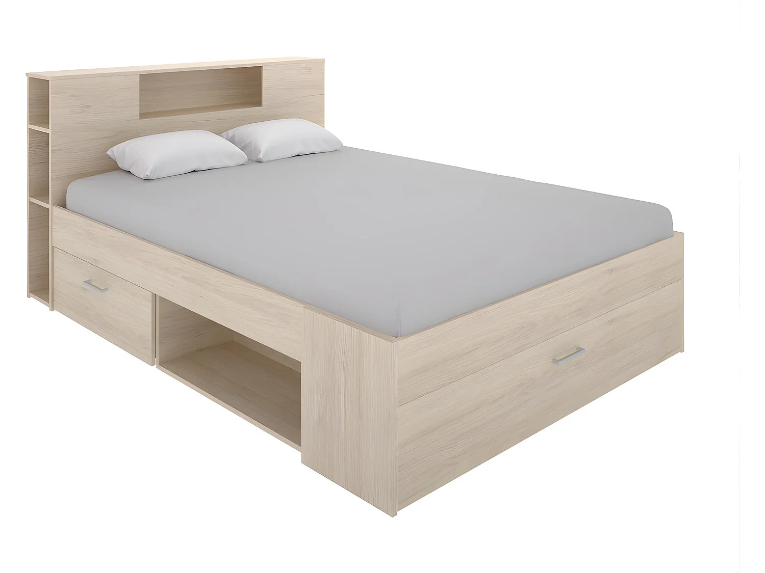 Cama com cabeceira de arrumação e gavetas de 160 x 200 cm em cor natural - LEANDRE