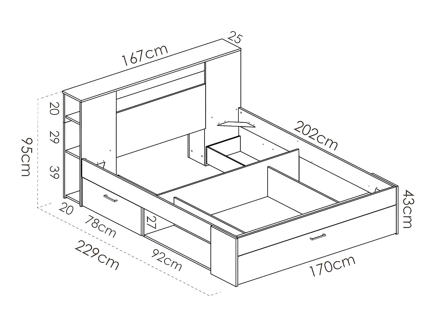 Cama com cabeceira de arrumação e gavetas de 160 x 200 cm em cor natural - LEANDRE
